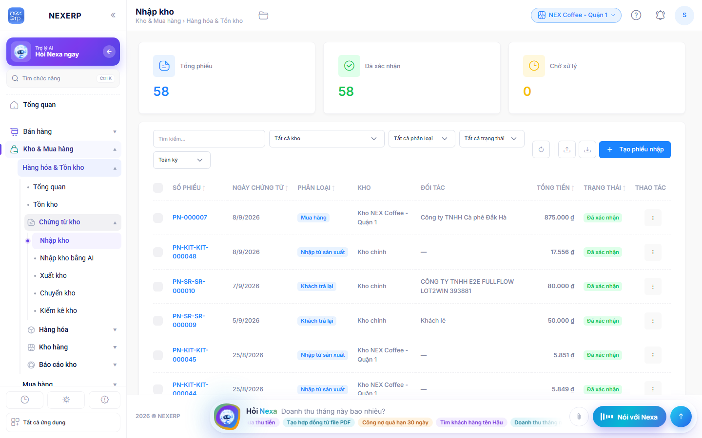 Danh sách phiếu nhập kho