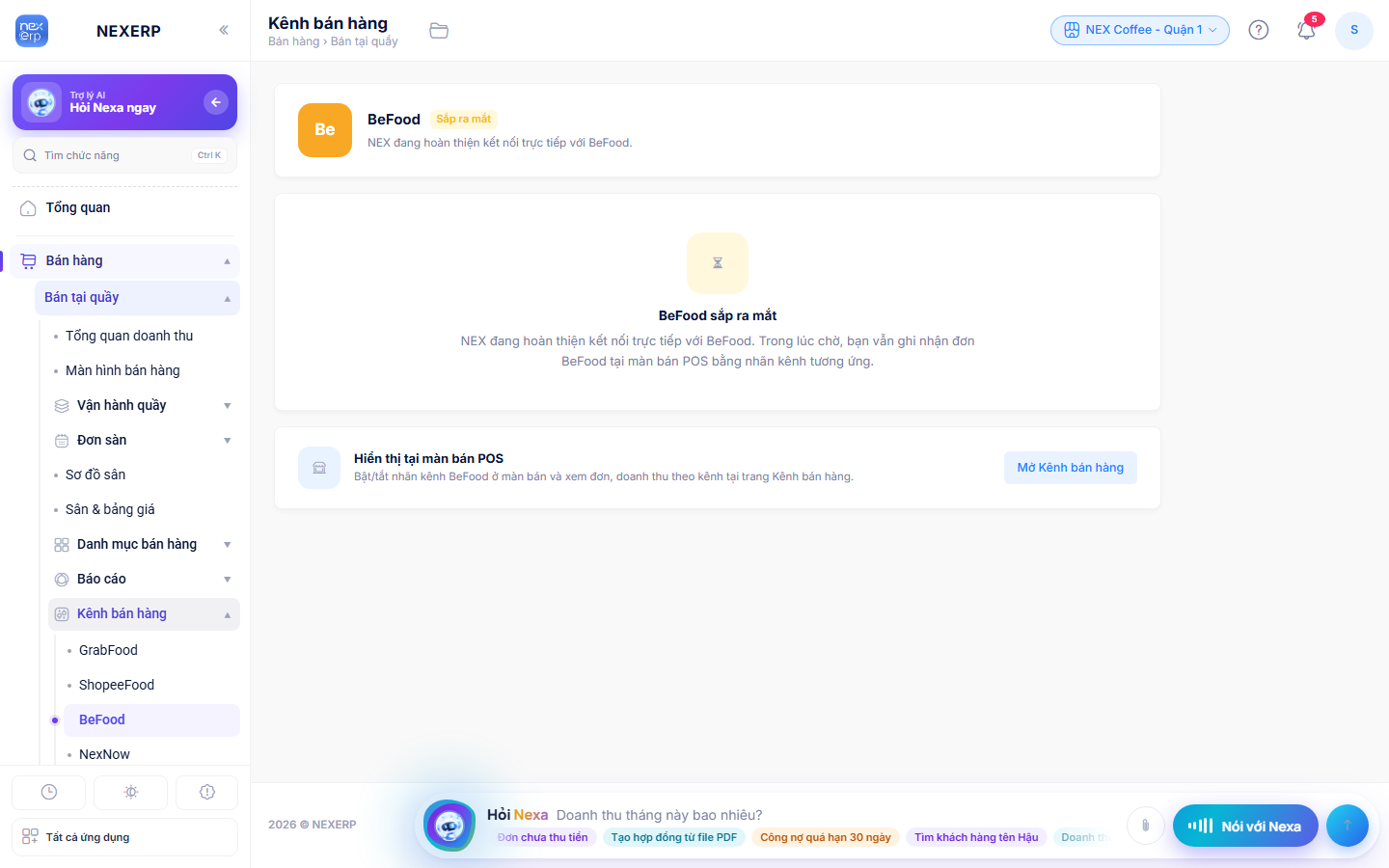 BeFood: nhãn Sắp ra mắt và công tắc Hiển thị tại màn bán POS