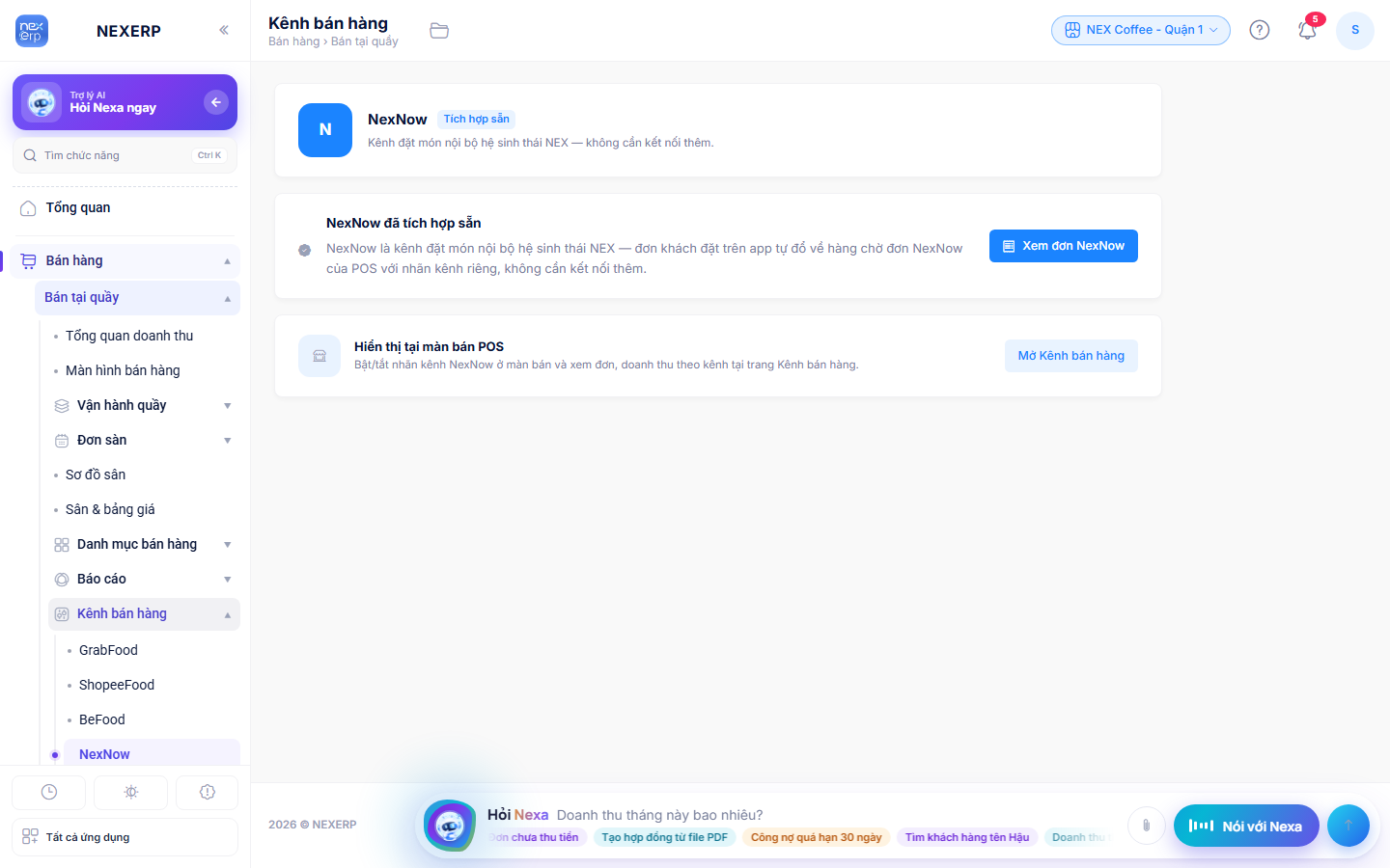 NexNow: nhãn Tích hợp sẵn, nút Xem đơn NexNow, công tắc Hiển thị tại màn bán POS