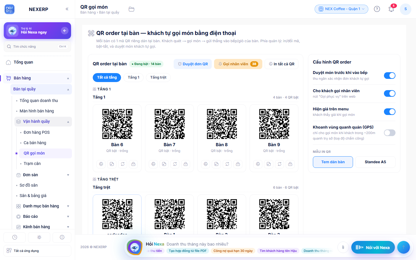 Màn QR gọi món: lưới QR theo tầng, nút Duyệt đơn QR, Gọi nhân viên, In tất cả QR và cột cấu hình bên phải