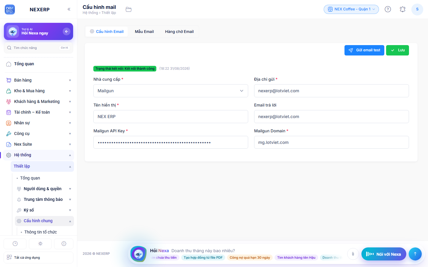 Màn Cấu hình mail, tab Cấu hình Email